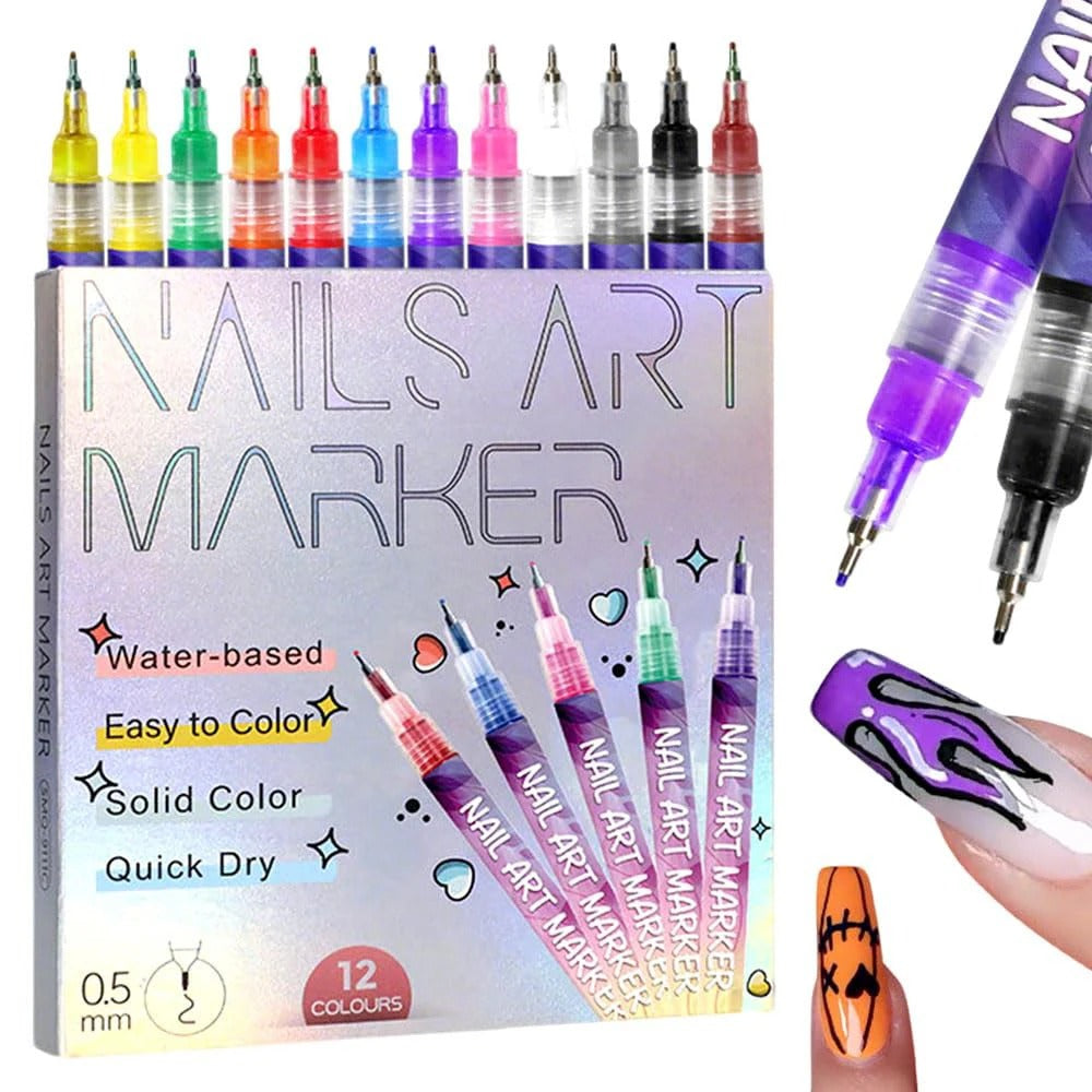 12 Color Nail Art Graffiti Pen Set Nail Marker Drawing Acrylic Paint Pens Waterproof Nail Painting Manicure Extra Fine 0.5mm